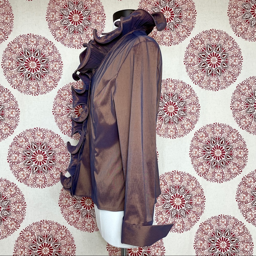 Samuel Dong Brown Ruffled Stretch Jacket Size M 8 - Picture 3 of 11
